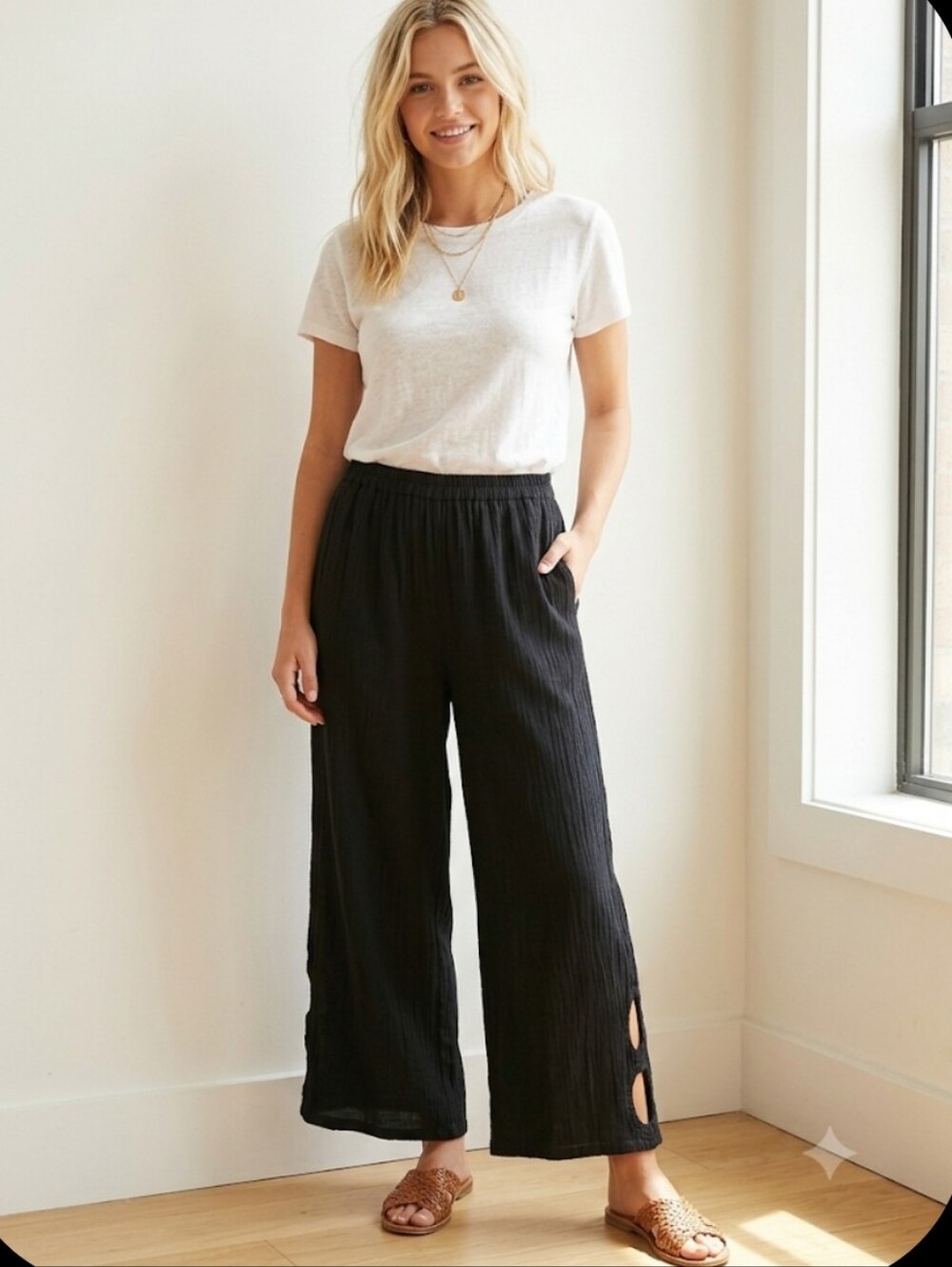 Oh My Gauze! Black Cotton Cutout Hem Straight Leg Pants Size 2 (L/XL)